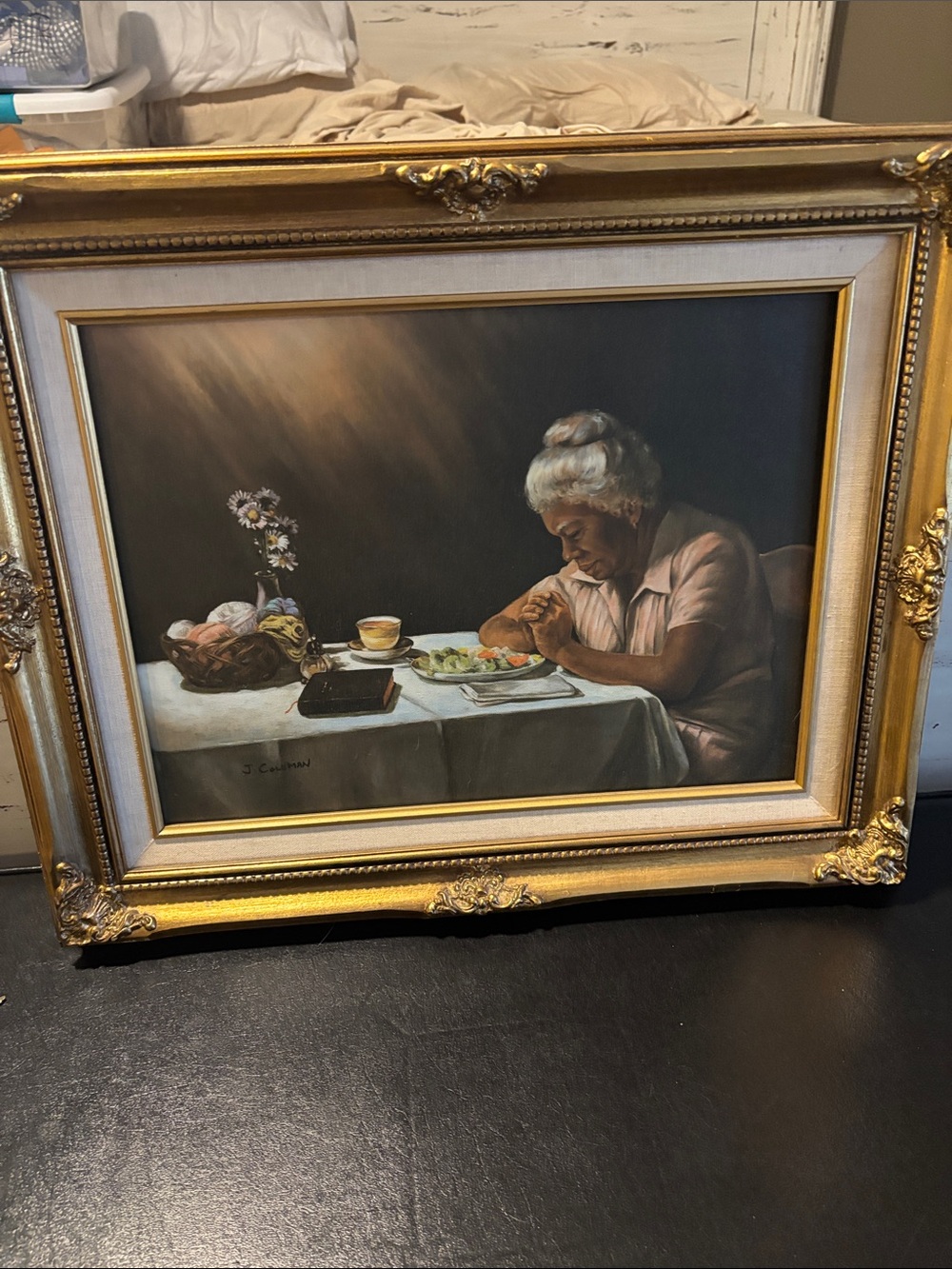 Framed Oil-Style Print of Elderly Woman Dining – Gold Frame, signed j Coleman